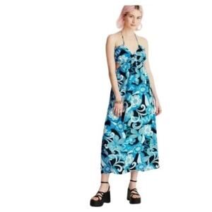 NWT Future Collective Blue Floral Halter Cut Out Maxi Dress SZ XS Beach Vacation
